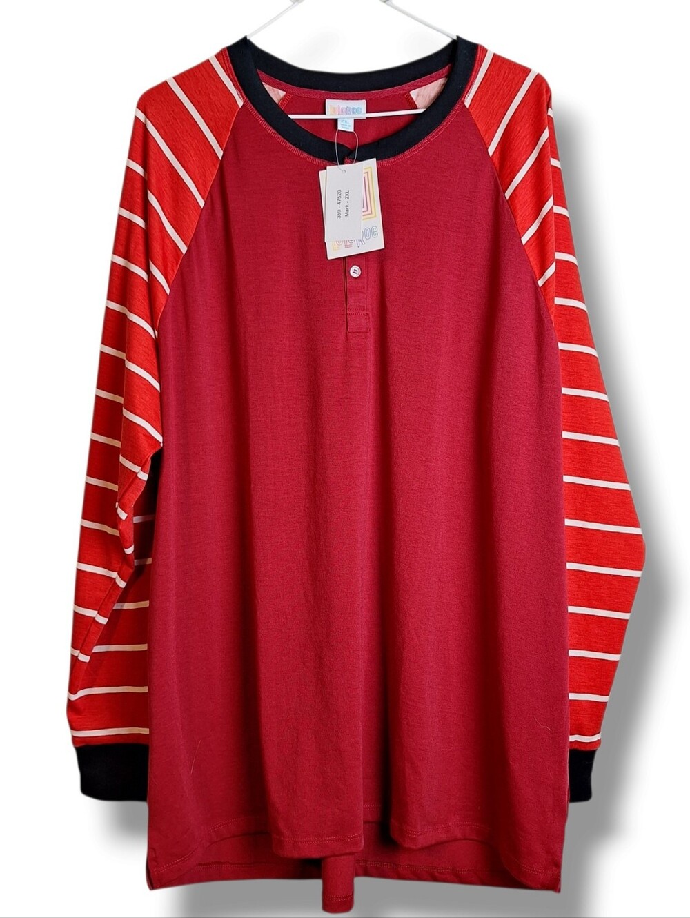 LuLaRoe Mark Henley 2XL 2 Tone Red Raglan With Long Striped Sleeves New Unisex